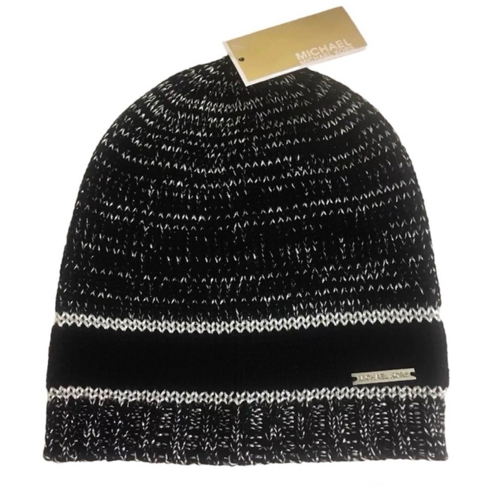 Michael Kors Black and Silver Metallic Knit Hat Beanie NEW
